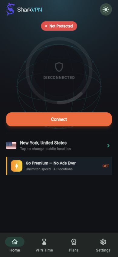 SharkVPN Home screen with connection status, location selection and VPN Time tab